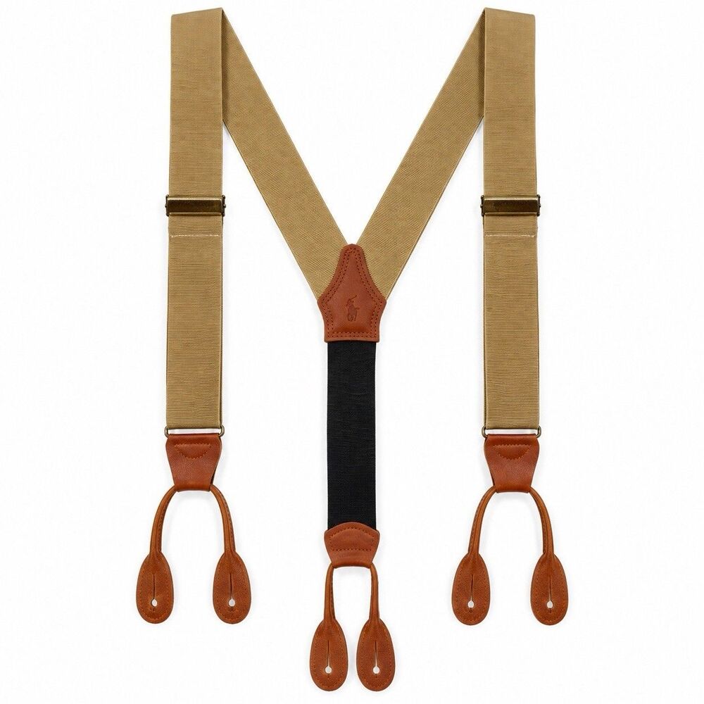 Polo Ralph Lauren Mens Suspenders Tan Leather Button Braces Y Back Preppy
